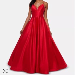Betsy & Adam Women's Satin V Neck Ball Gown Red